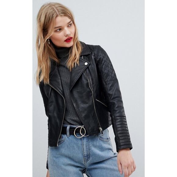 Vintage RIVER ISLAND Quilted Leather Moto Biker Black Jacket Size